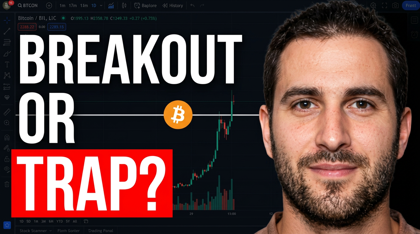 Crypto creator reacting beside a Bitcoin price chart with a sharp upward move