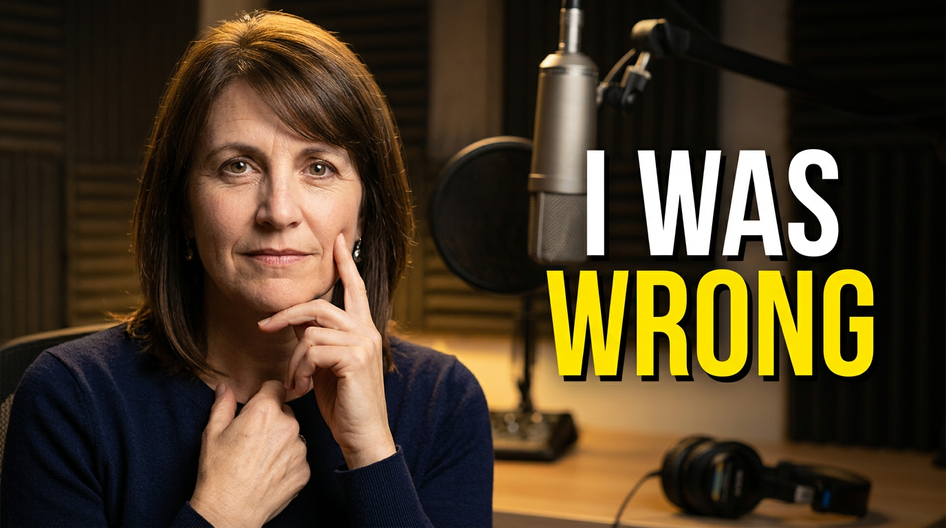 Female podcast host in close-up with an honest reflective expression