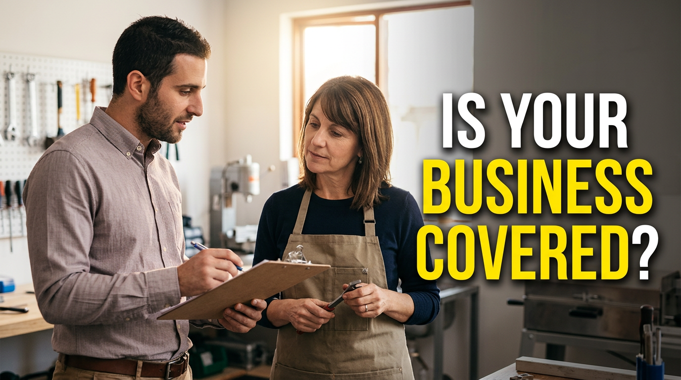 Male insurance agent talking with a small business owner inside a workshop
