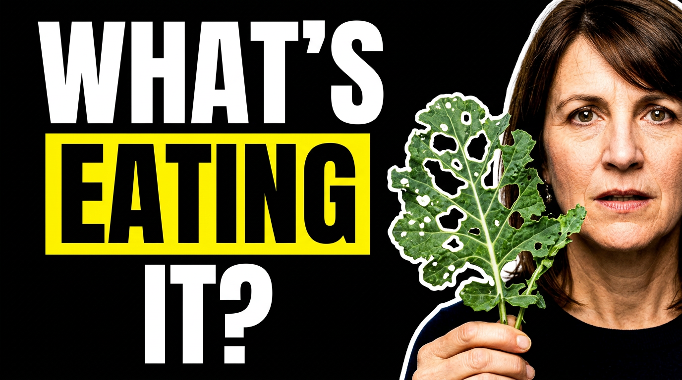 Female gardener inspecting a leaf with visible pest damage beside a healthy plant