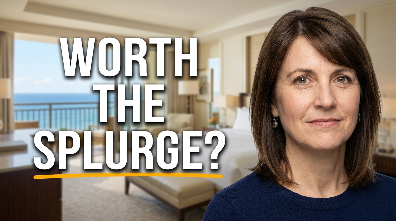 Female travel vlogger evaluating a stylish hotel room with a panoramic ocean view