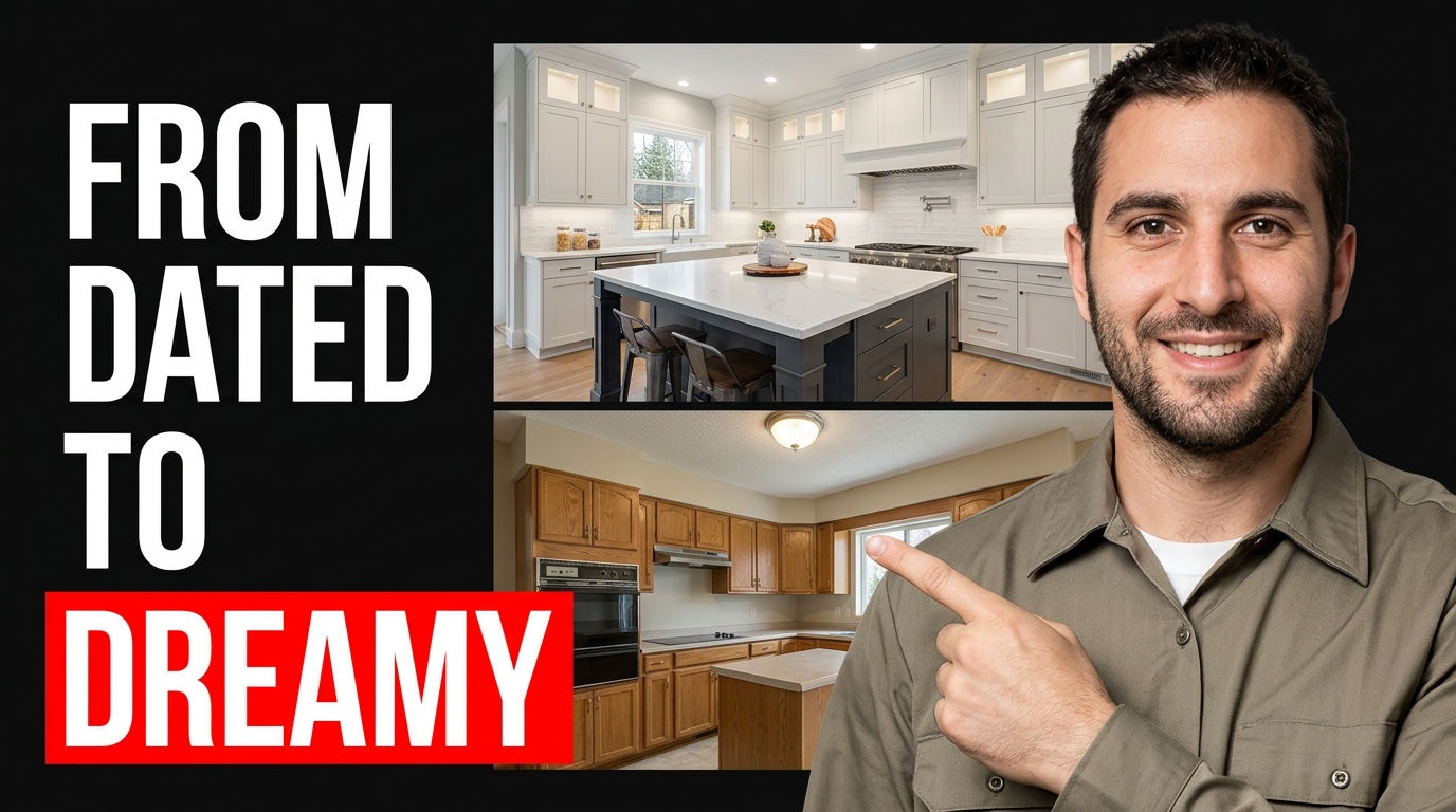 Contractor pointing toward a bright finished kitchen beside a smaller dark dated kitchen view