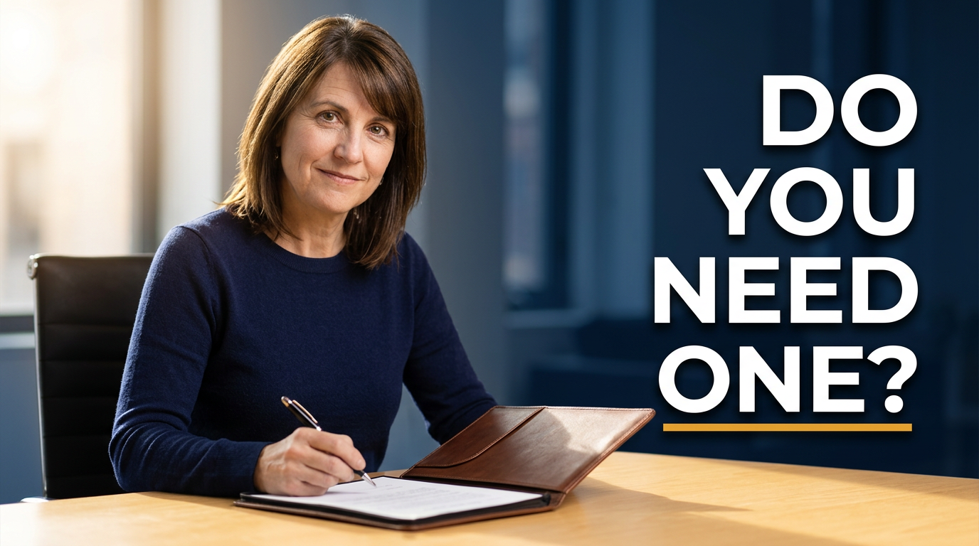 Female estate planning lawyer reviewing documents at a desk