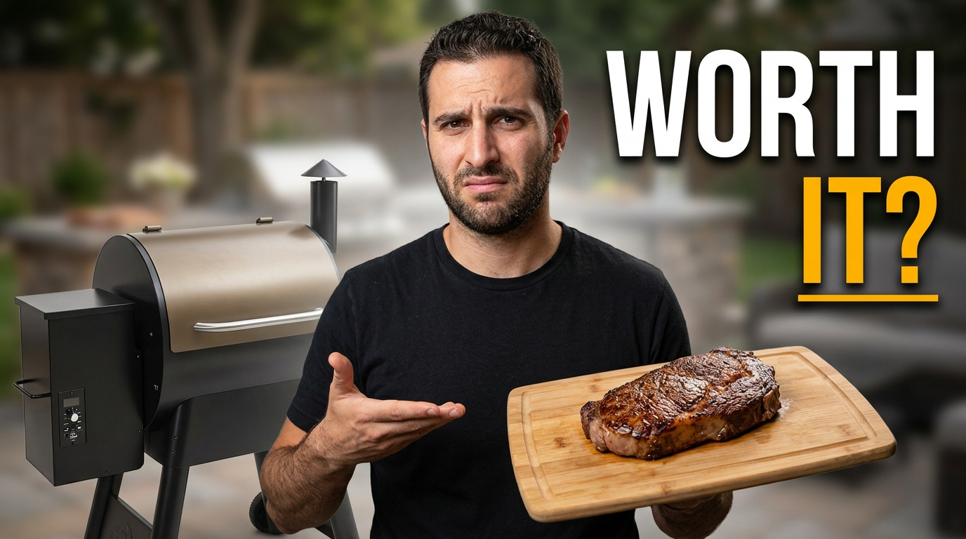 Grilling creator standing beside a pellet grill with cooked steak
