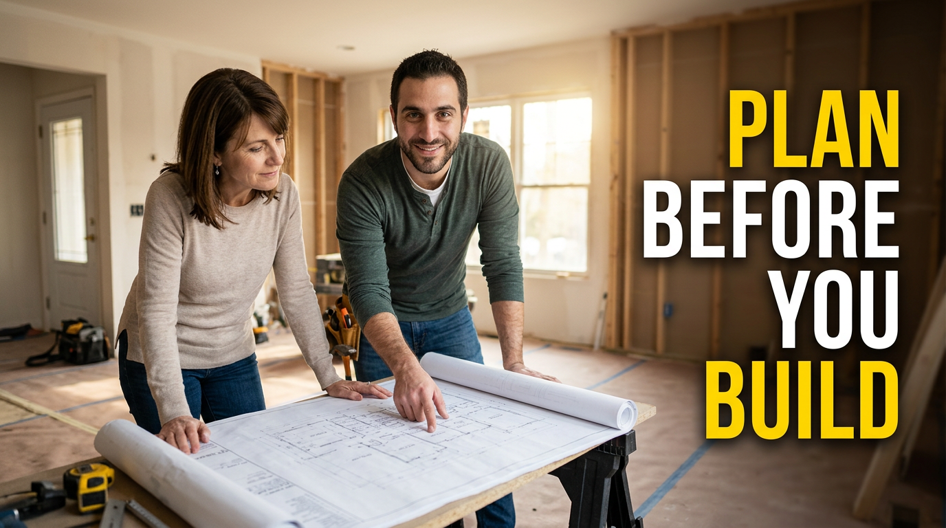 Contractor and homeowner reviewing renovation plans in a sunlit unfinished living room