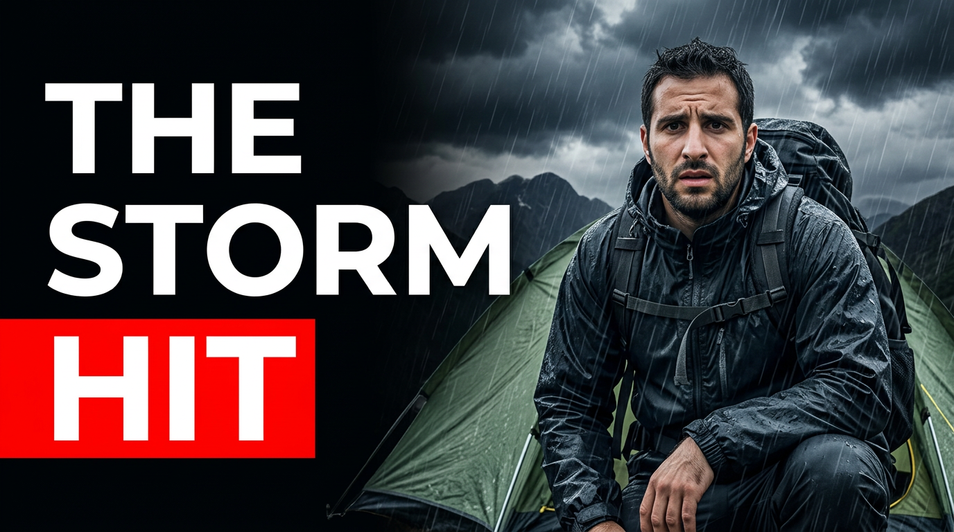 Hiker outside a tent during a rainy mountain campsite storm