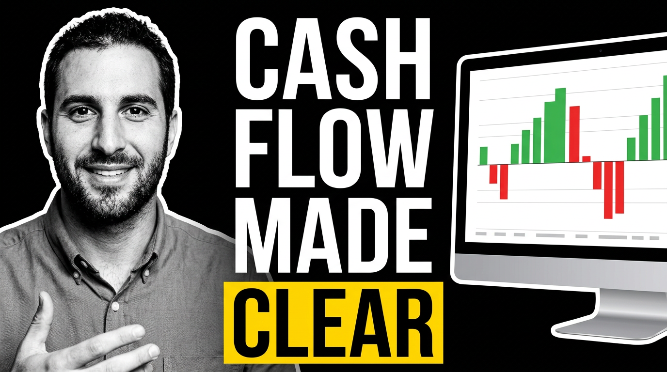 Male bookkeeper pointing to a simple cash flow chart on a monitor