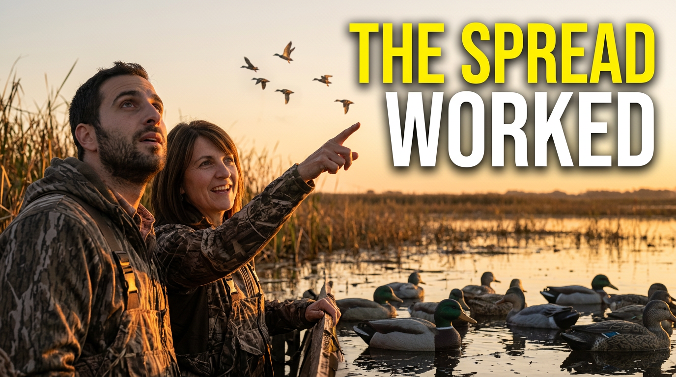 Two waterfowl hunters in a marsh blind with ducks approaching over decoys