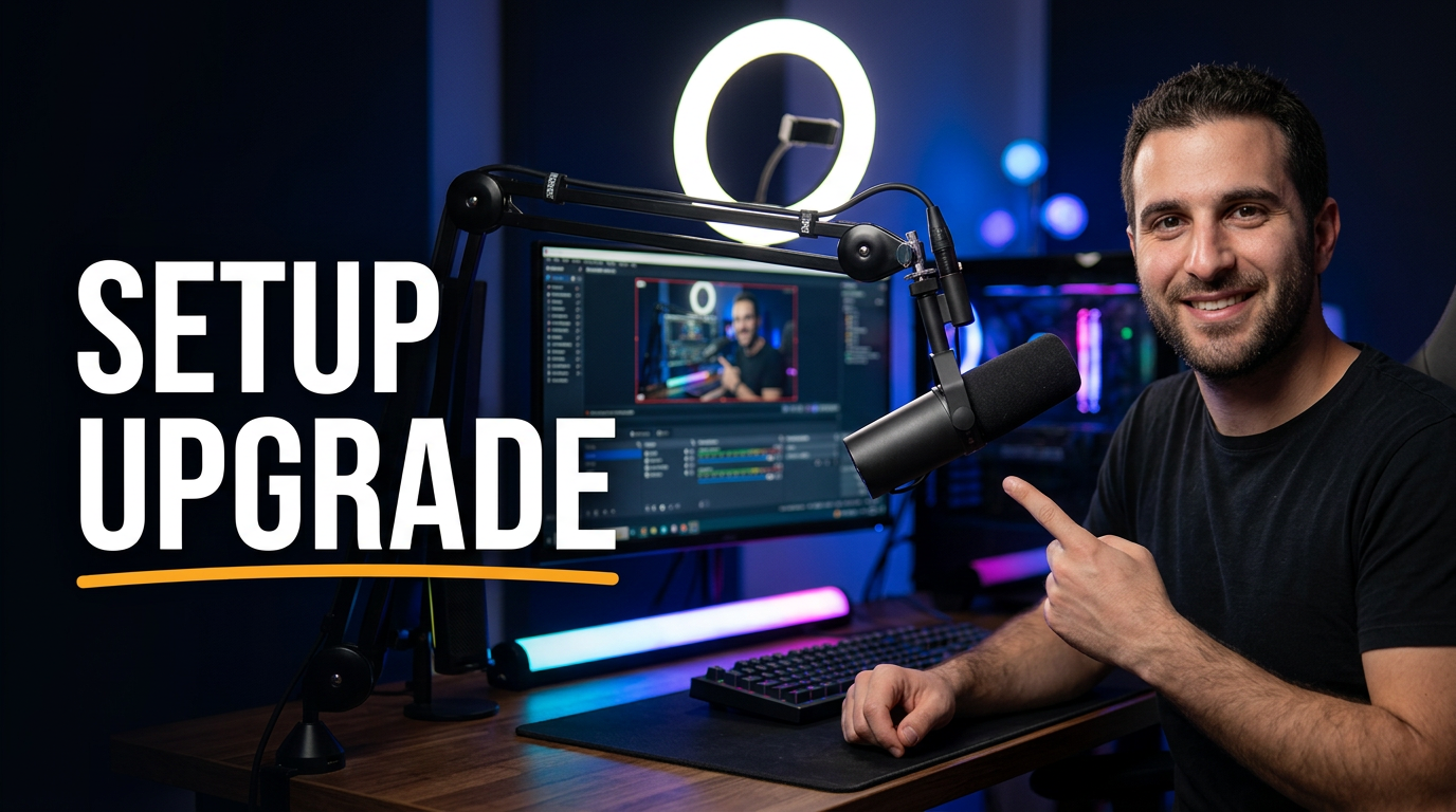 Streamer presenting a newly upgraded streaming desk setup
