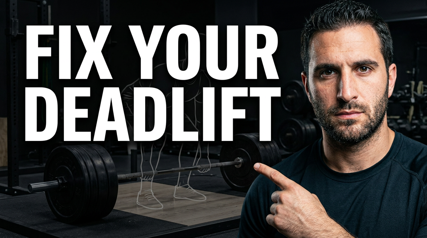 Personal trainer pointing toward a loaded barbell while demonstrating deadlift setup