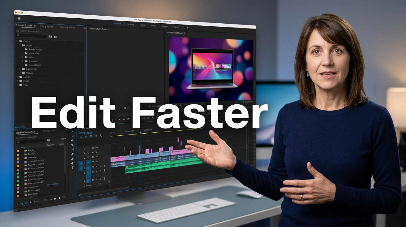 Female creator beside a bright software workspace and finished visual result