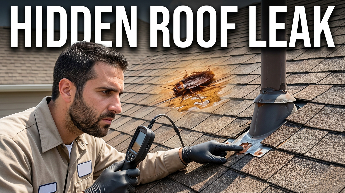 Roofer pointing to damaged flashing near a roof penetration