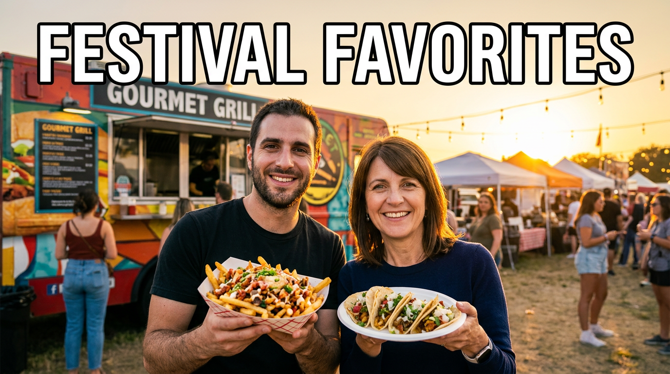 Two food truck hosts holding featured dishes at an outdoor food festival