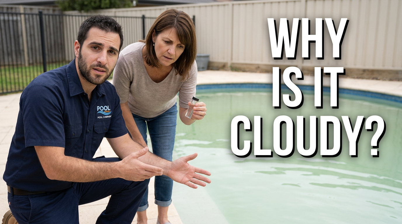 Pool technician and homeowner discussing cloudy pool water beside the pool
