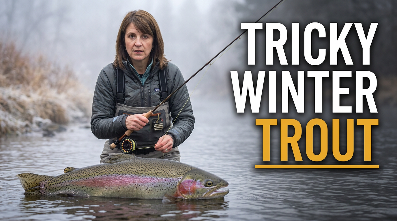 Woman fly fisher standing in a cold river with a trout and fly rod