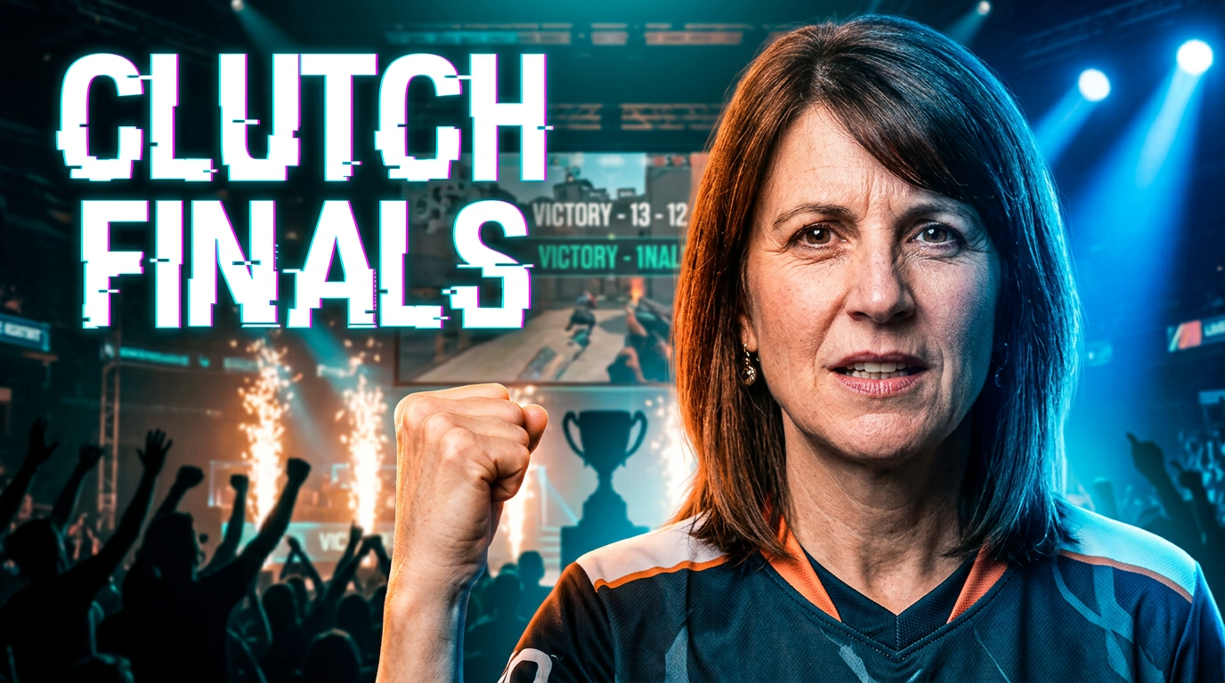 Female esports player celebrating a tournament win with gameplay action and trophy-stage atmosphere