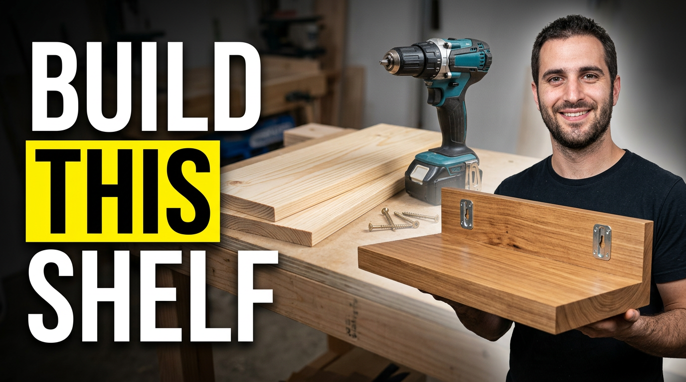 Woodworker presenting a finished floating shelf with basic lumber and tools nearby