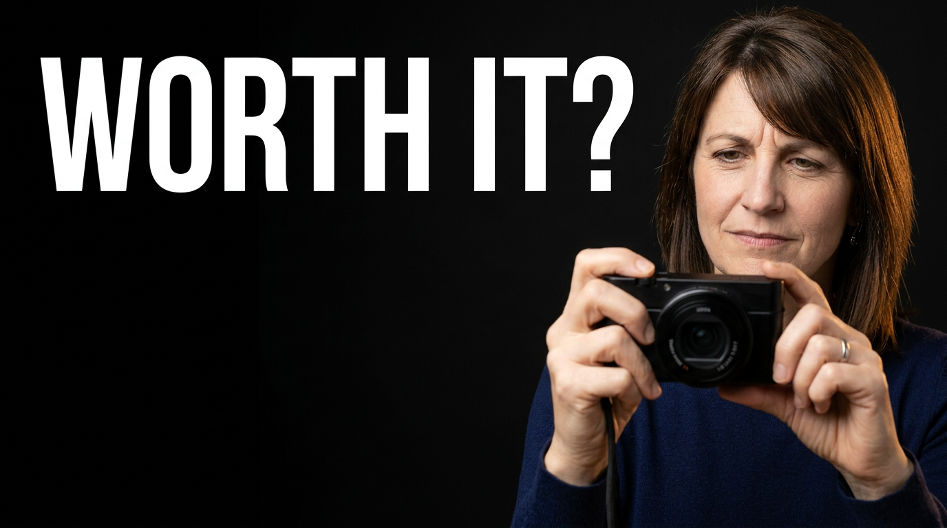 Female creator holding a compact camera with a skeptical expression for a product review thumbnail.