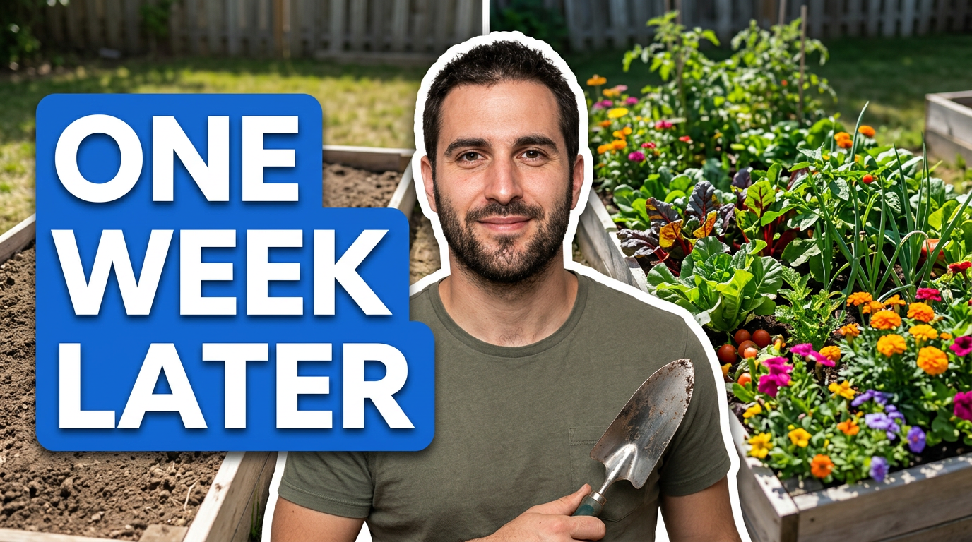 Gardener beside a split view of an empty raised bed and a thriving planted raised bed