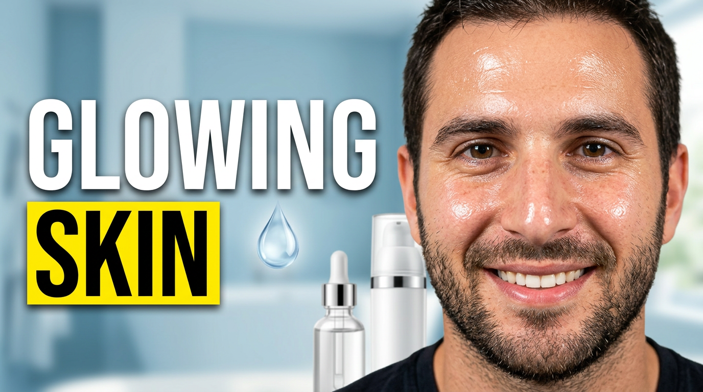 Beauty creator displaying radiant skincare results next to selected serum and moisturizer products