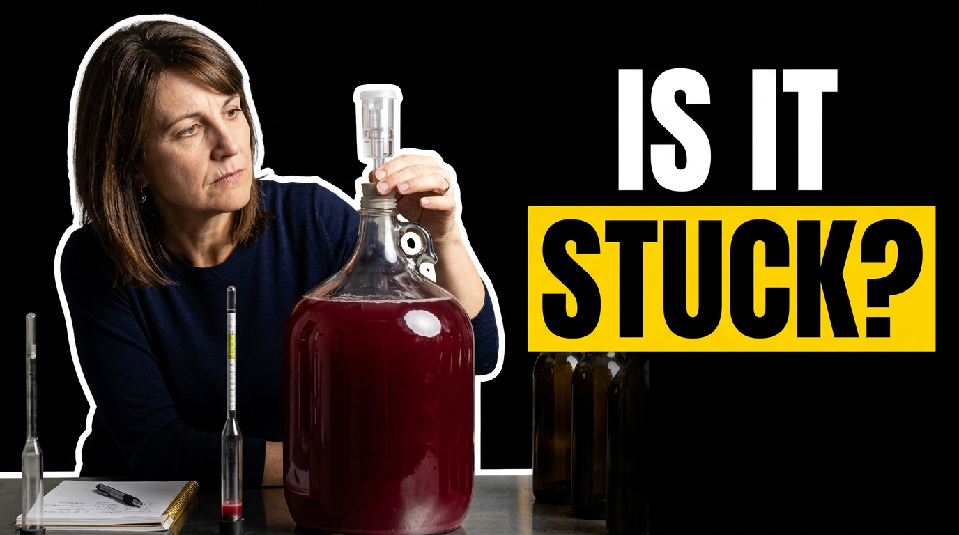 Winemaker examining a glass carboy of red wine fermentation