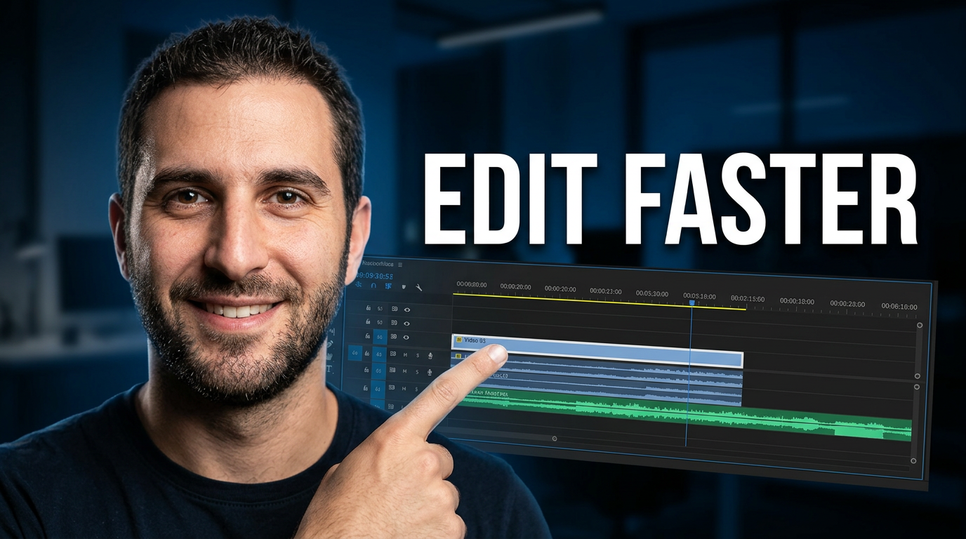 Male creator pointing toward a bright video editing timeline in a thumbnail composition