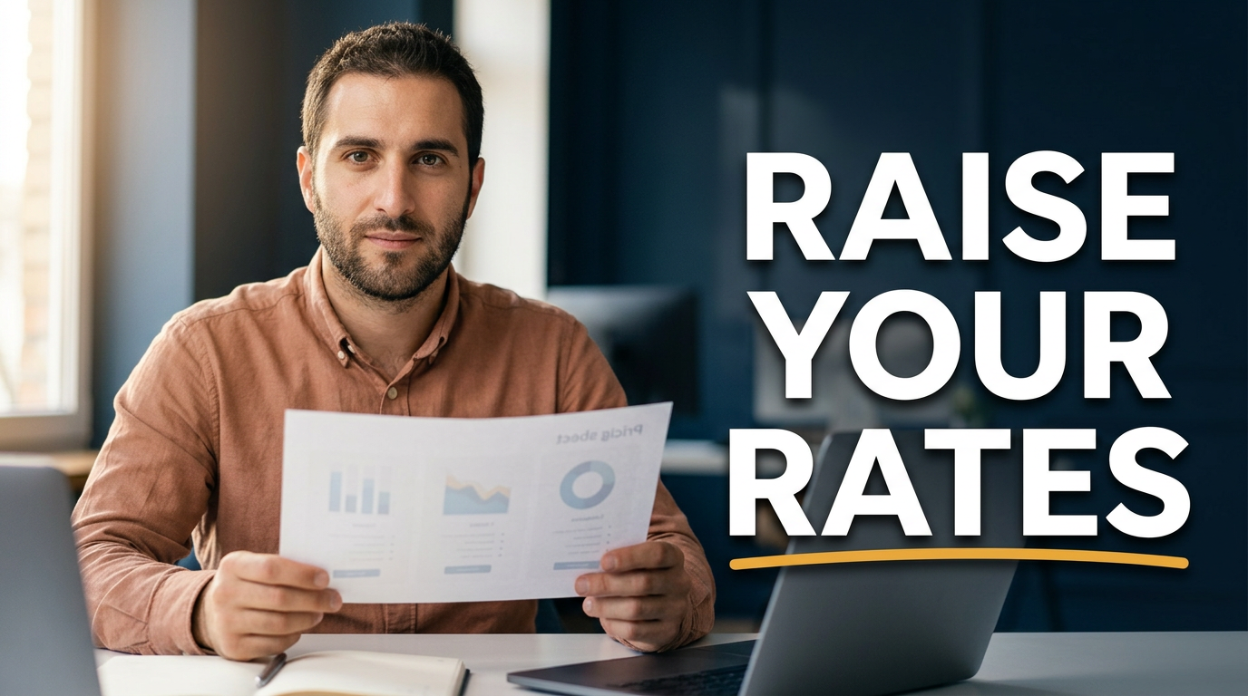 Freelance consultant at a desk reviewing a pricing sheet with a confident expression