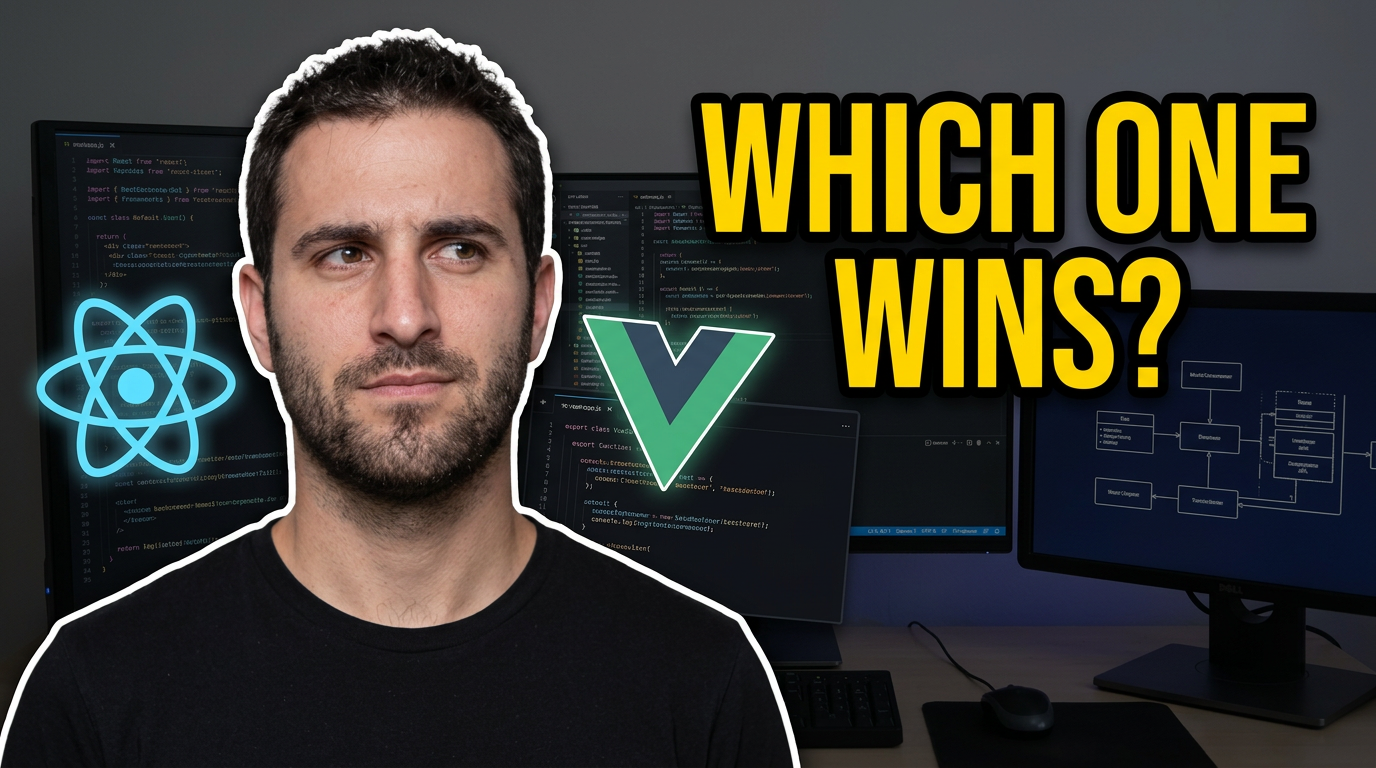 Developer weighing two programming framework symbols with split code editor backgrounds