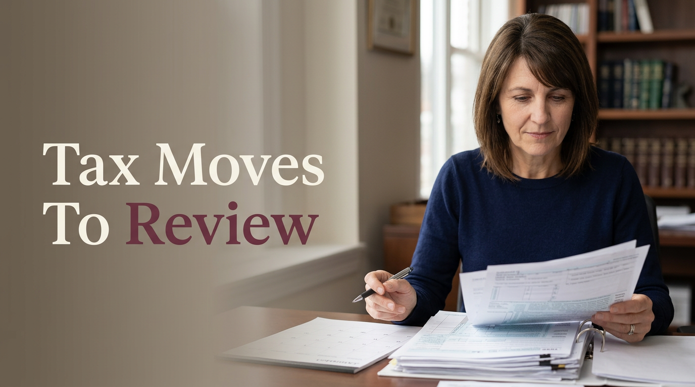Female financial advisor reviewing organized tax documents at a desk