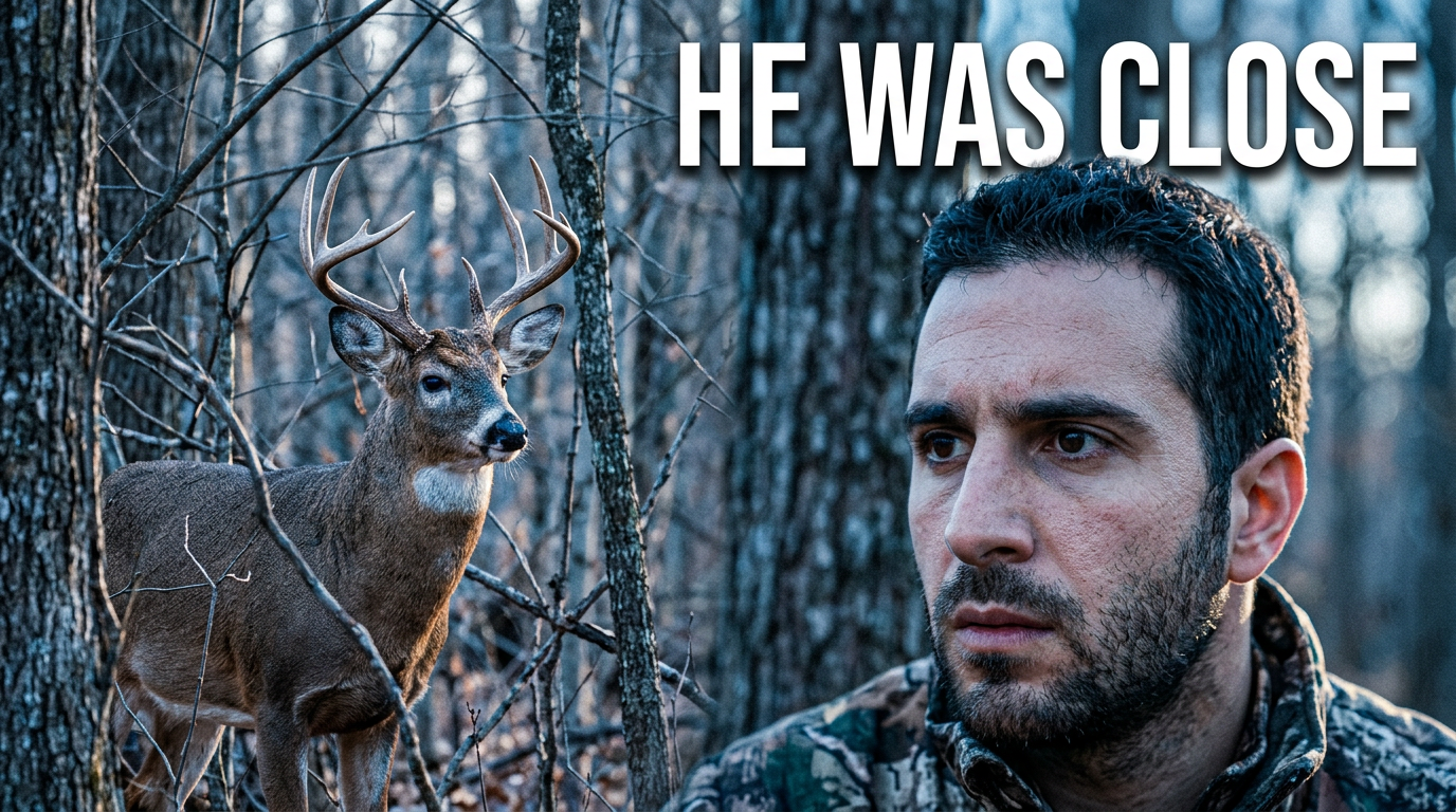 Hunter reacting in a wooded deer stand setting with a whitetail buck visible behind him