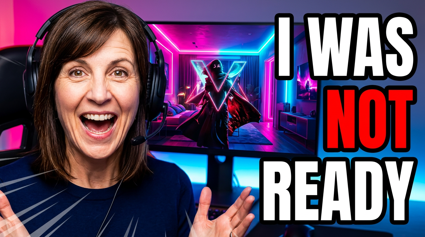 Female streamer reacting to a surprising game reveal on a monitor