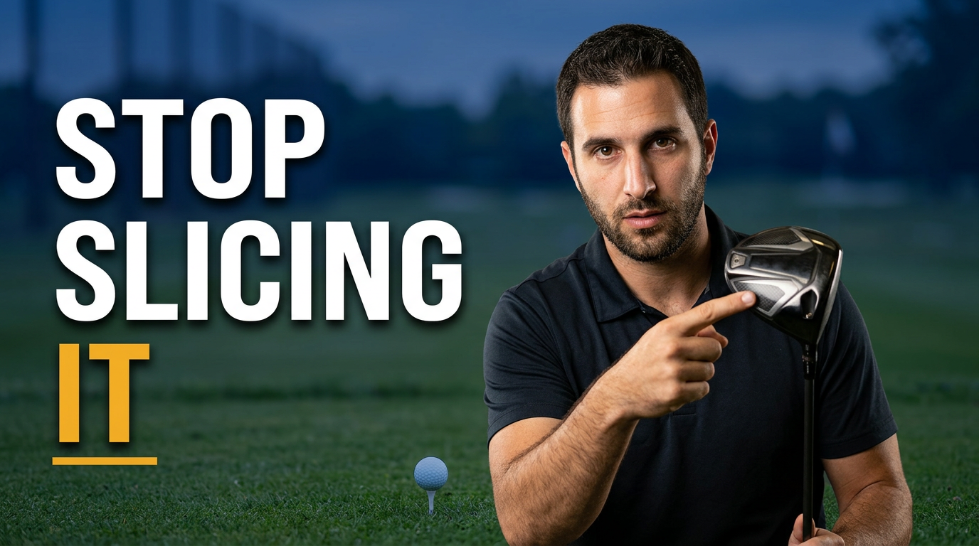Golf instructor pointing at a driver face with a golf course in the background