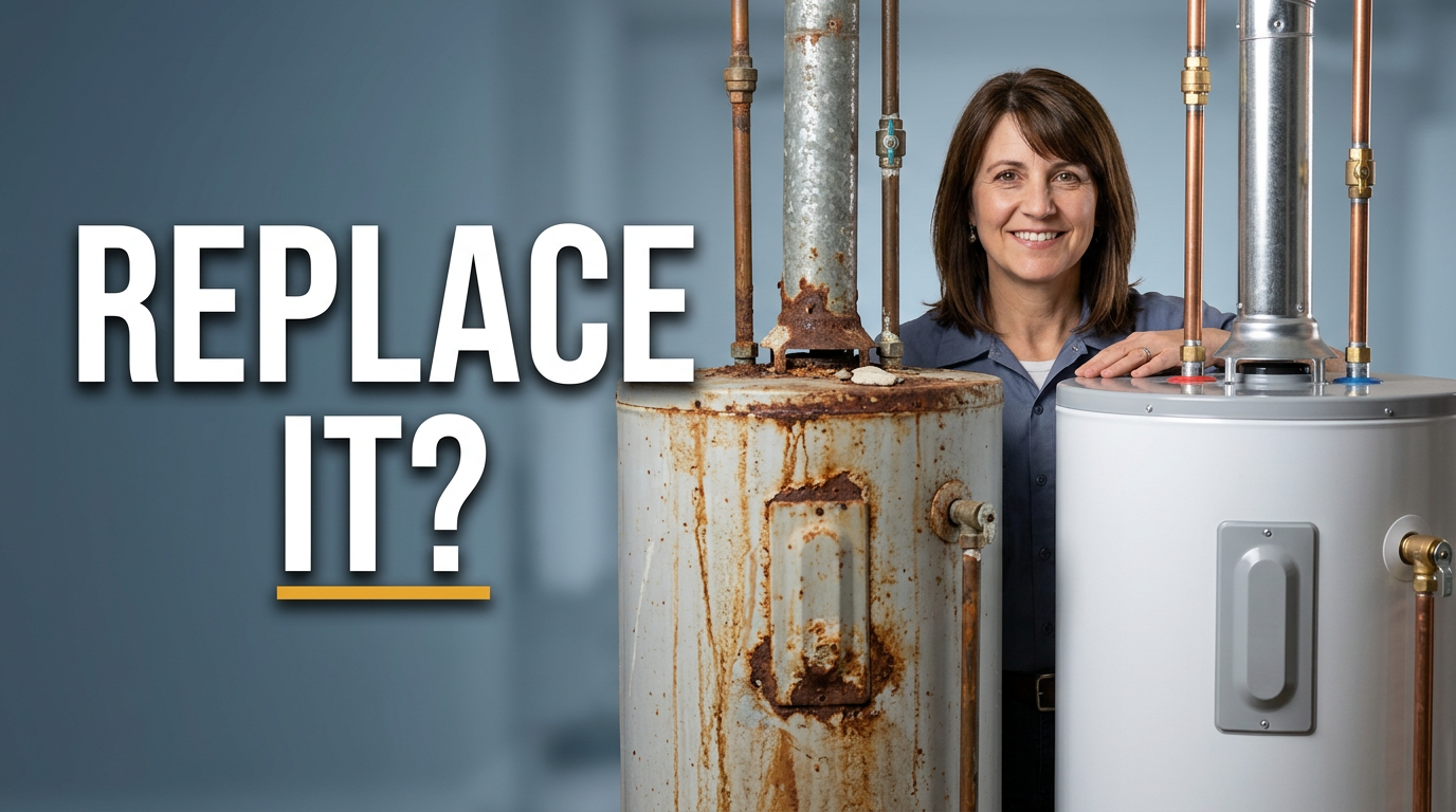 Female plumber pointing toward an old rusted water heater and a new installed water heater