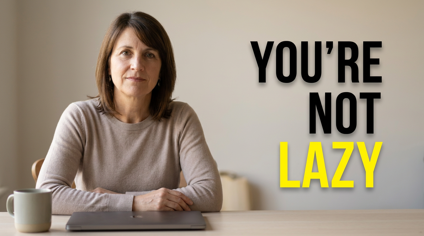 Female wellness creator looking reflective beside a desk in a burnout discussion thumbnail