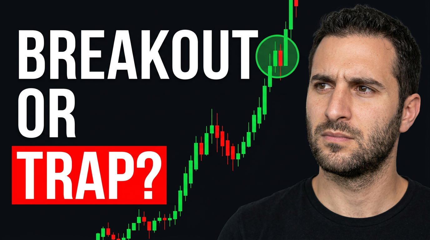 Stock-market thumbnail concept with a male analyst reacting beside an upward price chart
