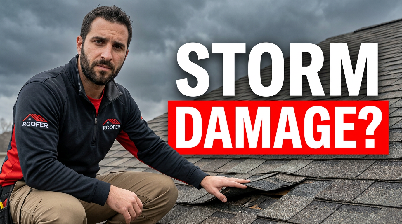 Roofer examining wind-damaged shingles on a residential roof