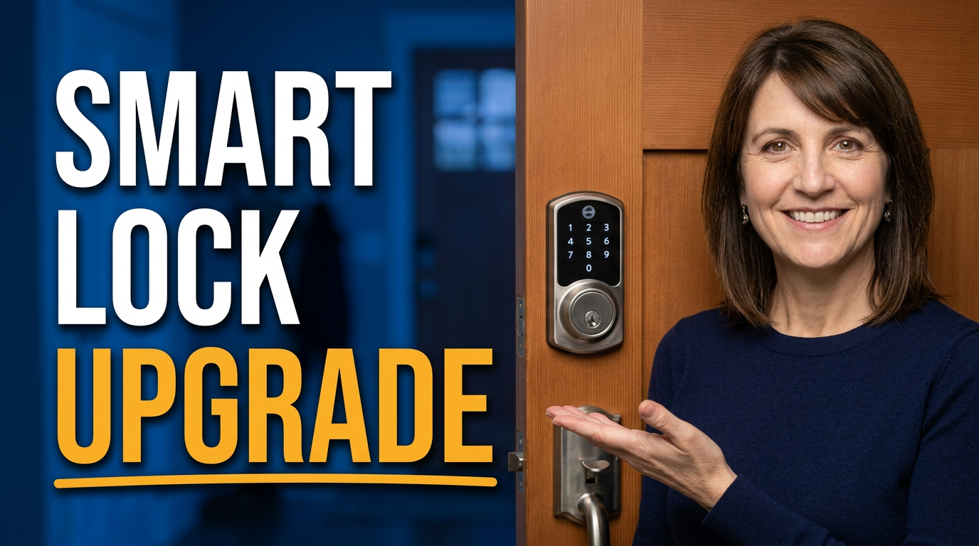 Female locksmith presenting a newly installed keypad deadbolt on a modern front door