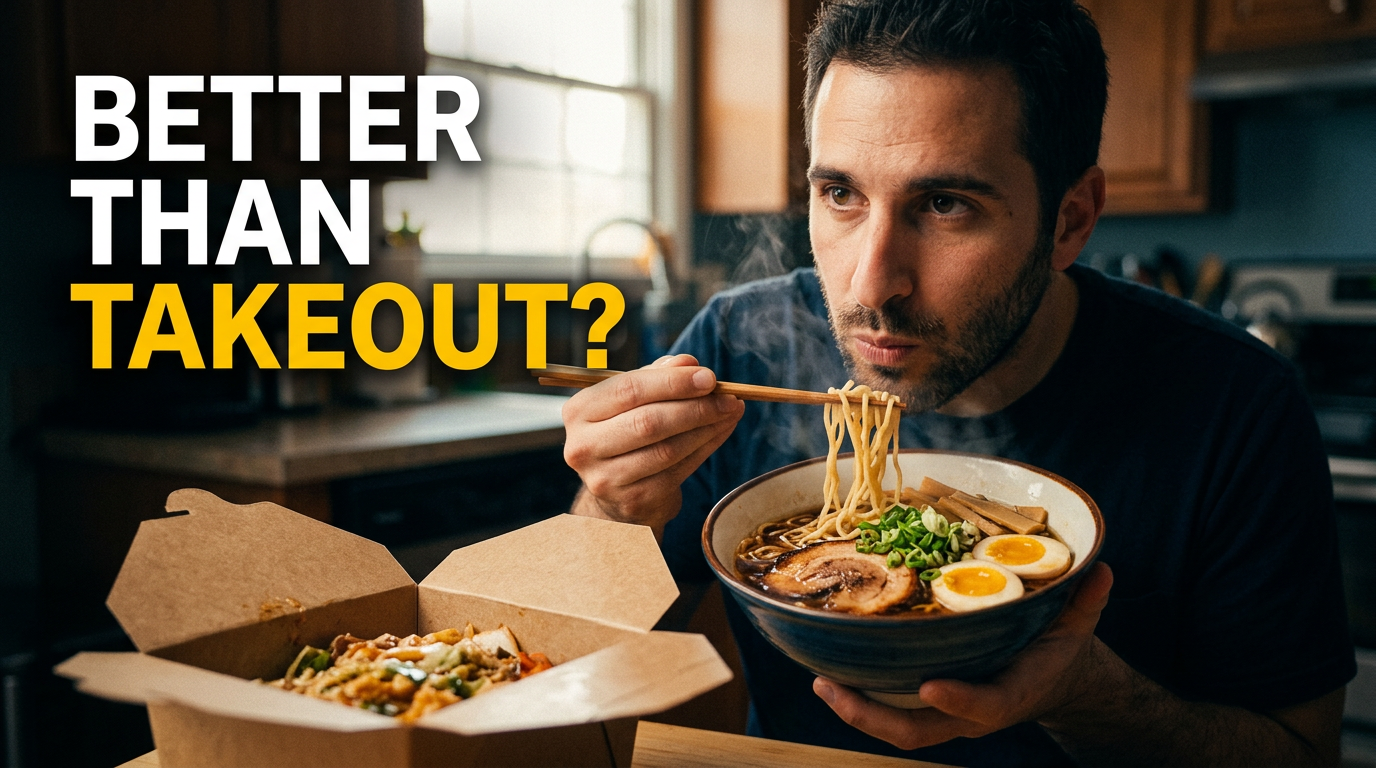 Cook tasting a bowl of ramen beside a restaurant-style takeout container