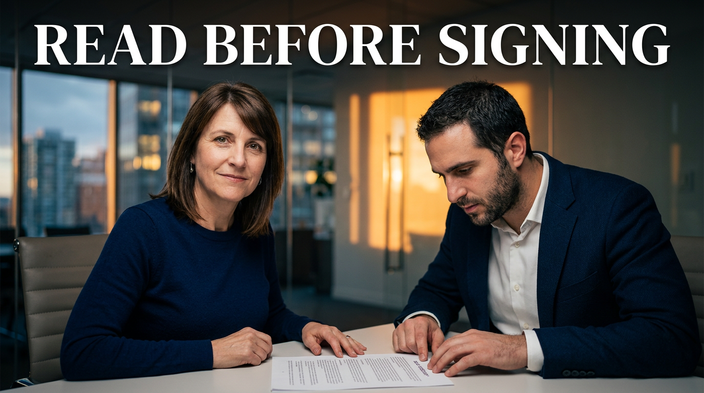 Two law firm partners discussing a contract in a conference room