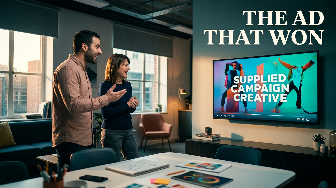 Two agency colleagues reviewing a standout ad concept on a large screen