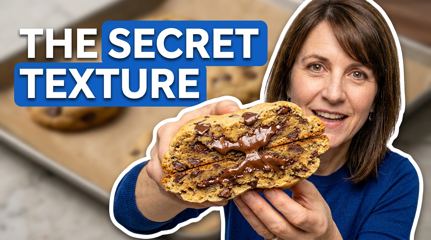 Baker holding a split chocolate chip cookie close to the camera