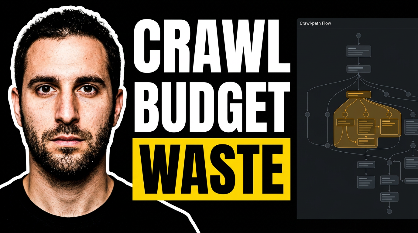 SEO consultant beside a crawl-path visualization with an oversized warning area