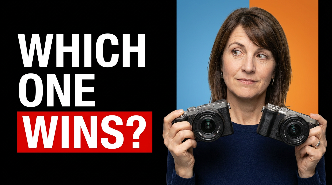 Female reviewer holding two compact cameras against a bright split-color backdrop