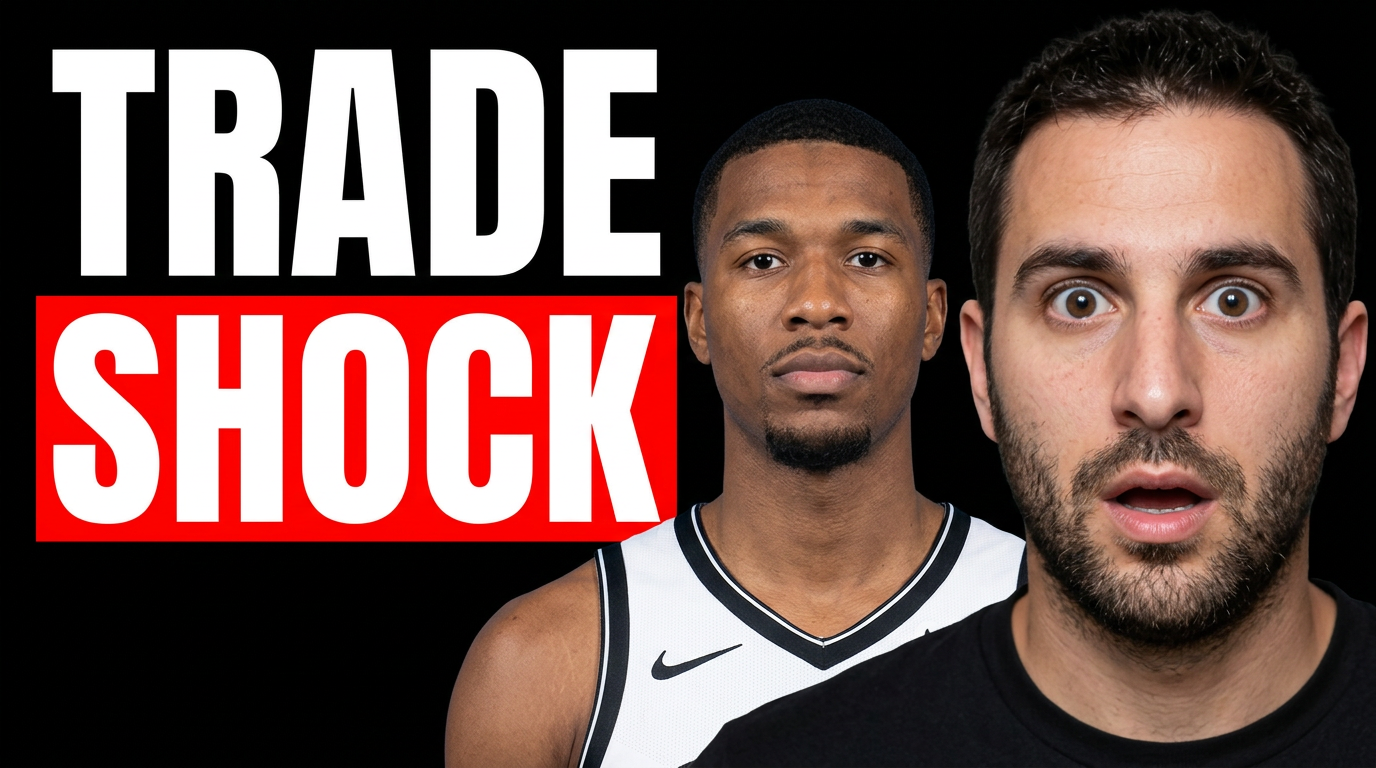 Sports commentator reacting beside a basketball player in a dramatic trade-news thumbnail