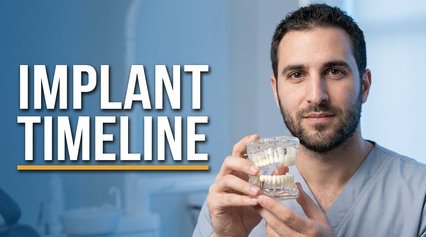 Dentist beside a dental implant model in a modern treatment room