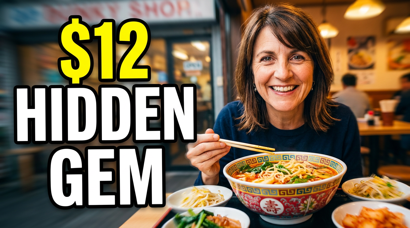 Female food reviewer smiling beside a generous bowl of noodles in a small neighborhood restaurant.