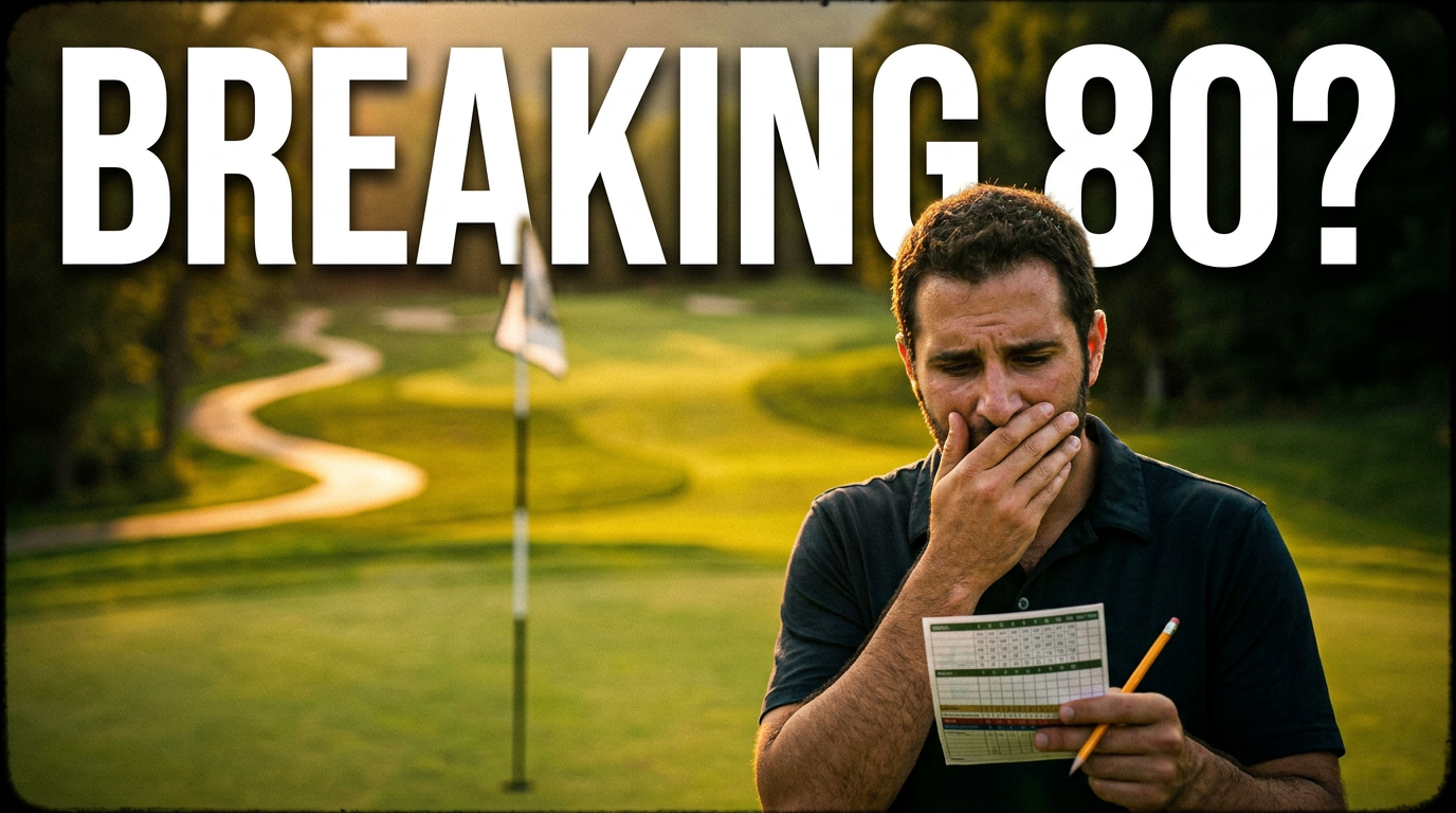 Golfer reacting beside a scorecard on a dramatic golf hole