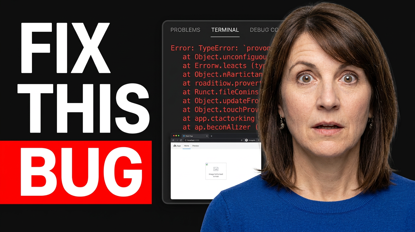 Female coding instructor reacting to a prominent terminal error and a working app preview