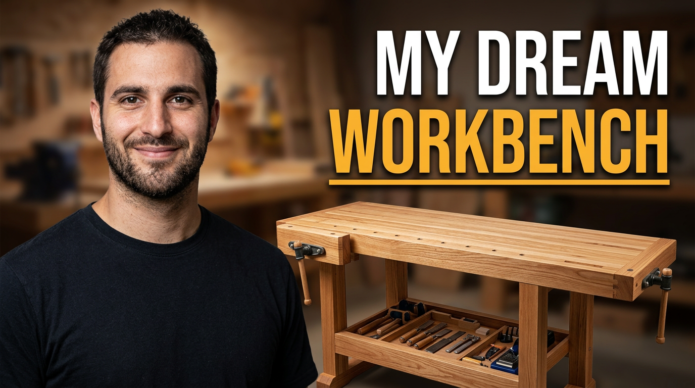 Woodworker beside a completed hardwood workbench in a bright workshop