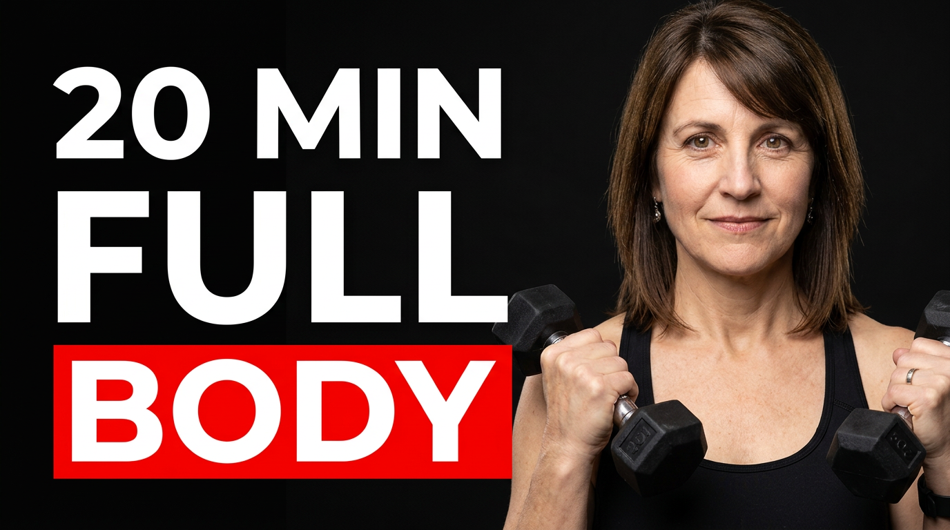 Female personal trainer holding dumbbells in a dynamic full-body workout pose